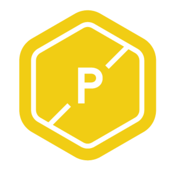 Yellow hexagon with a P with a line through it for Plastic Free