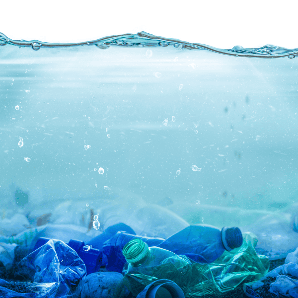 Blue and green plastic bottles under water