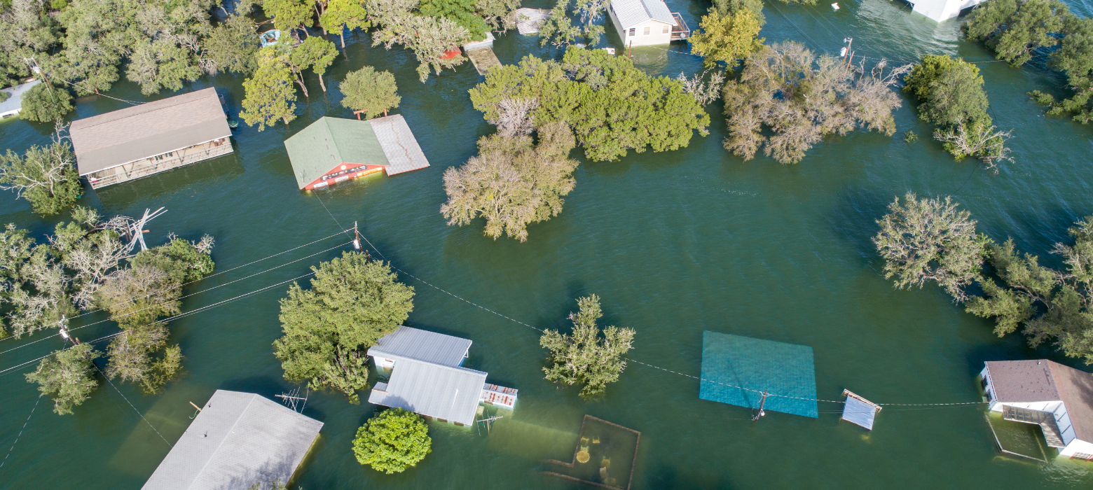 aerial view of flooded homes after storm