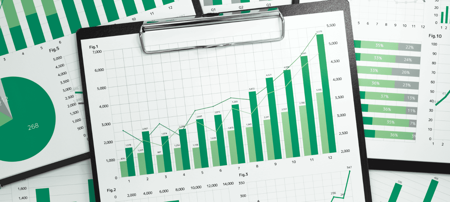 Charts and reports showing environmental impact reporting