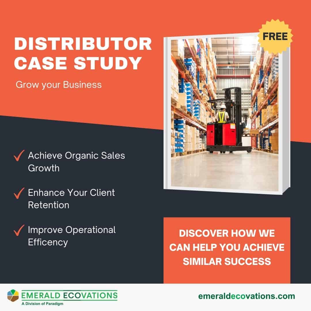 Advertisement for the OG25 Program distributor case study by Emerald Ecovations. Features benefits like organic sales growth, client retention, and operational efficiency. Includes a free offer and a photo of a person operating a forklift in a warehouse.