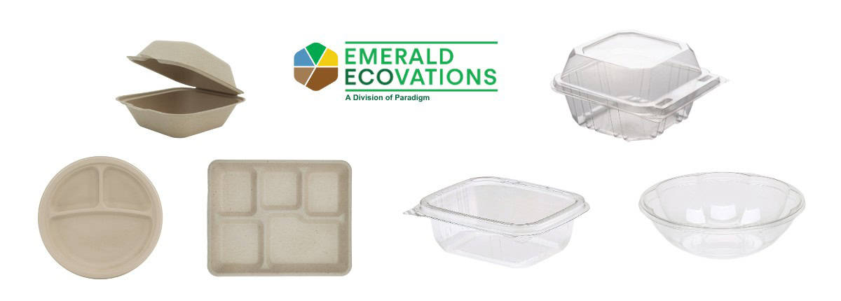 Assorted biodegradable and clear plastic food containers and plates are displayed around the Emerald Ecovations logo, which features a green and brown circular leaf design and green text.