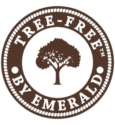 A round brown and white logo featuring a tree in the center, with the words "TREE-FREE BY EMERALD" encircling it in bold letters.