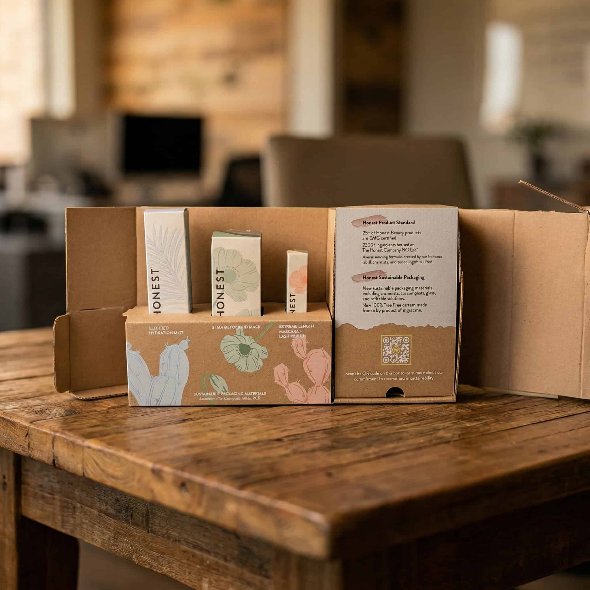 An open cardboard box with Honest brand skincare products arranged inside, displayed on a wooden table in a cozy, softly lit room with blurred furniture in the background.