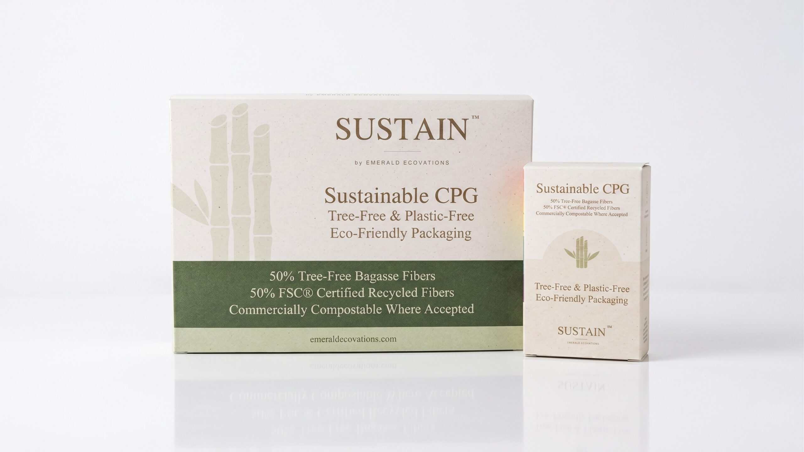 Two boxes labeled "SUSTAIN" with bamboo illustrations, promoting sustainable, tree-free, and plastic-free packaging made from bagasse fibers and recycled fibers. The larger box is white and green; the smaller box matches in design.