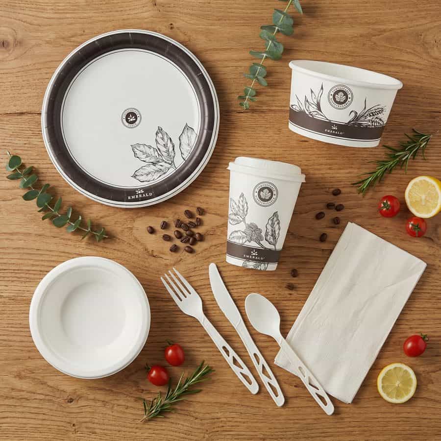 Emerald plates, cups, bowls and cutlery