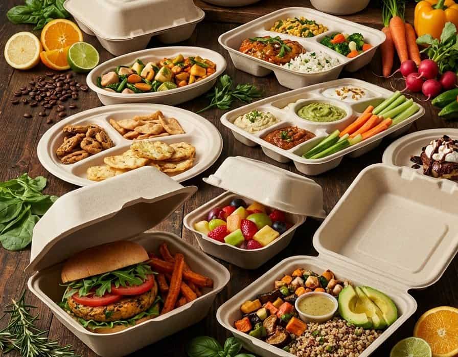 Compostable molded fiber, molded fiber clamshells, molded fiber plates, molded fiber trays, zero waste solutions, sustainable food service