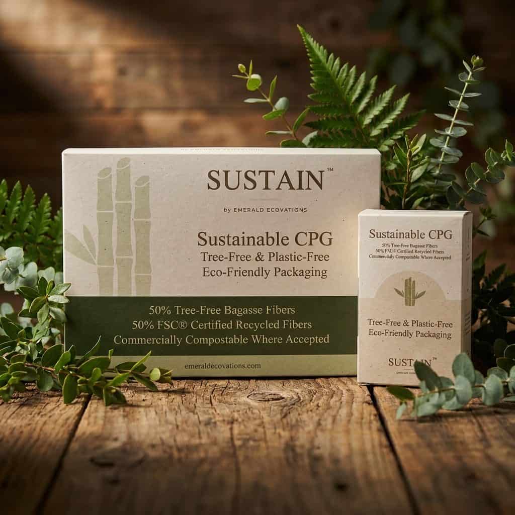 SUSTAIN packaging boxes on wood
